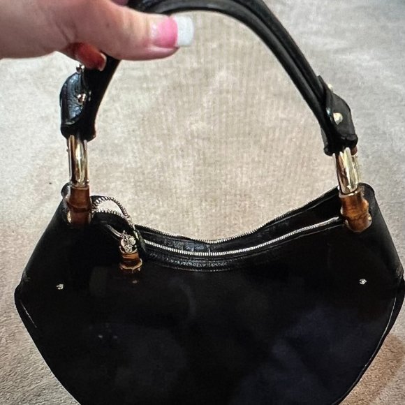 Black Gucci print hobo style shoulder bag with bamboo handles - Picture 2 of 5